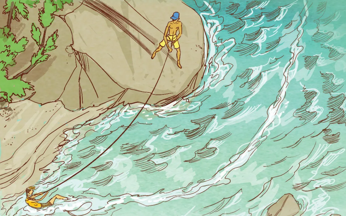 I kicked free from the rock. My body swung like a pendulum and crashed into shore. A pink indentation below my knuckles still marks the lifesaving hand jam. 