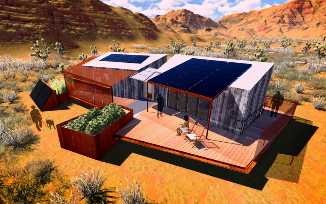 A rendering of the self-sufficient, net-zero-energy Autonomy House, built by students at the University of Las Vegas.