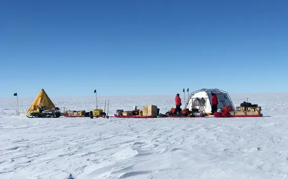 A small field camp located at the edge of Thwaites Glacier allowed GPS and seismic instruments to be serviced. Photo by Rebecca Charles | NSF