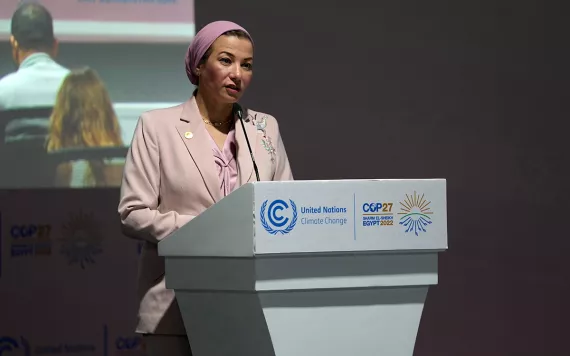 Egypt's Environment Minister Yasmine Fouad speaks at a session on biodiversity at the COP27 U.N. Climate Summit