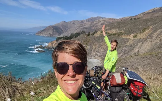 Claire and Will Stedden pose for a selfie on the California coast.