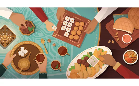 An aerial, illustrated view of hands reaching across a dinner table