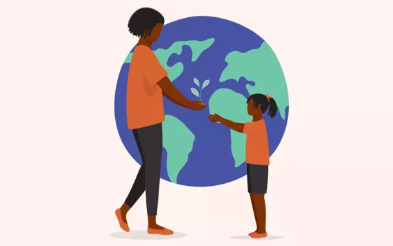 Illustration shows a woman handing a seedling to a young girl. Behind them is a large blue and green globe/Earth.