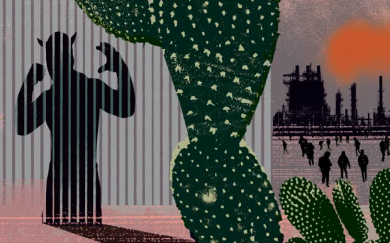 Illustration shows a large saguaro cactus with the shadow of a devil figure behind it plus a refinery and people standing nearby.