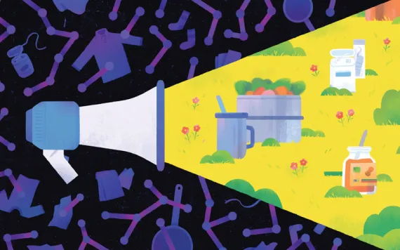 Illustration shows a megaphone and various food, clothes, and floss.