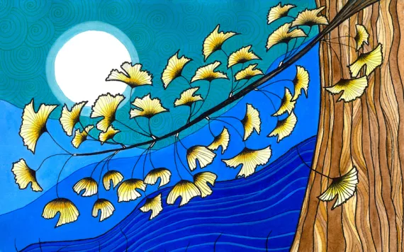 Painting of a gingko tree against a moonlit sky. Image by Sophie Sarkar. 