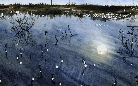 Watercolor of sunlight on water. Illustration by Kate Golden. 