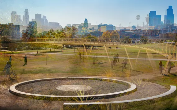 Photo collage shows LA State Historic Park with a large grassy area, a pedestrian bridge, and people doing various activities, with downtown skyscrapers in the background.