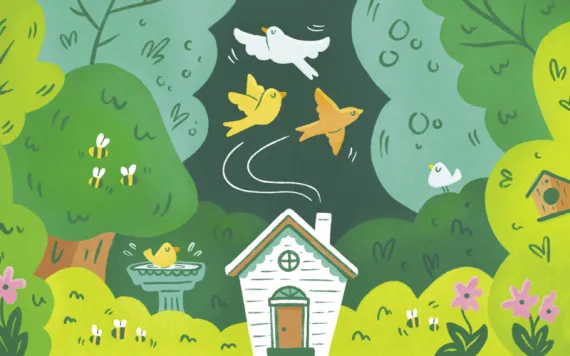Cartoon illustration shows a sun behind a house and trees, birds, bees, and a bat.