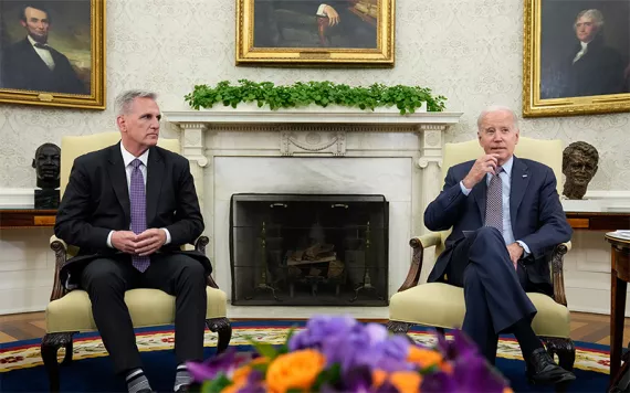 President Joe Biden meets with House Speaker Kevin McCarthy of Calif., to discuss the debt limit in the Oval Office of the White House, Monday, May 22, 2023, in Washington. 