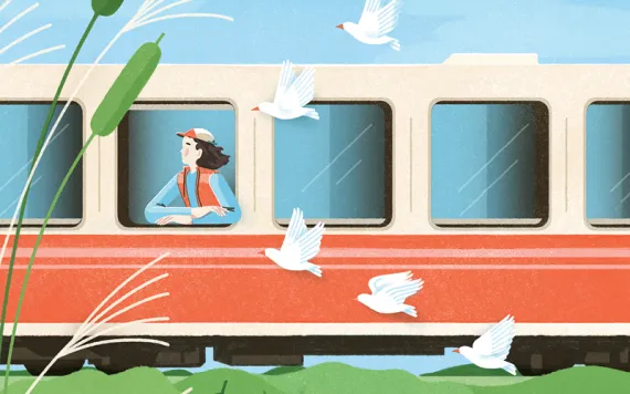 Illustration shows the side of a train and a woman hanging out a window, with birds in a v formation and plants in the foreground.