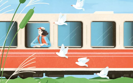 Illustration shows the side of a train and a woman hanging out a window, with birds in a v formation and plants in the foreground.
