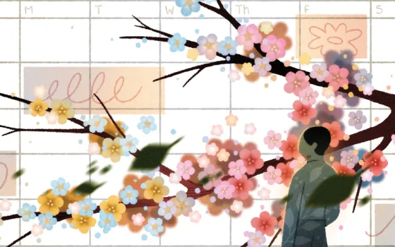  Illustration shows a page of a calendar with the back of a person and a cherry blossom branch falling across the page.