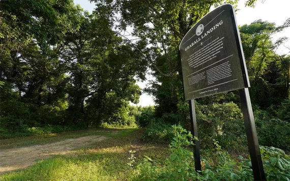 A memorial sign at Graball Landing, the spot where Emmett Till's body was pulled from the Tallahatchie River just outside of Glendora, Miss., is photographed Monday, July 24, 2023. 