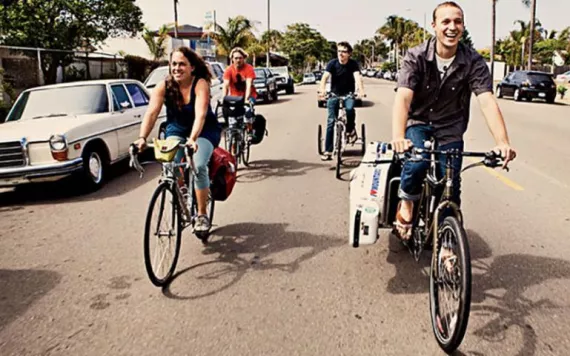 Sollee (right) and crew on the road in Encinitas, California.