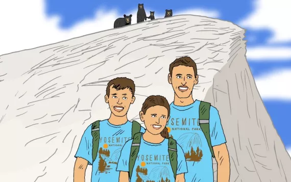 illustration of a people in Yosemite t-shirts in front of Half Dome with bears on top