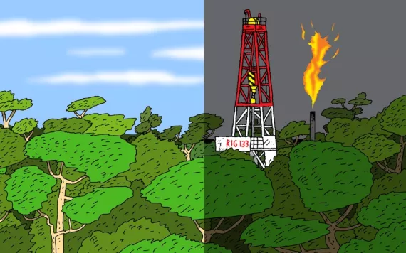 illustration of a forest next to an oil rig in the same forest