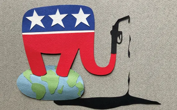 Illustration shows a red, white, and blue elephant standing on Earth. Its trunk is a gasoline hose dripping black liquid.