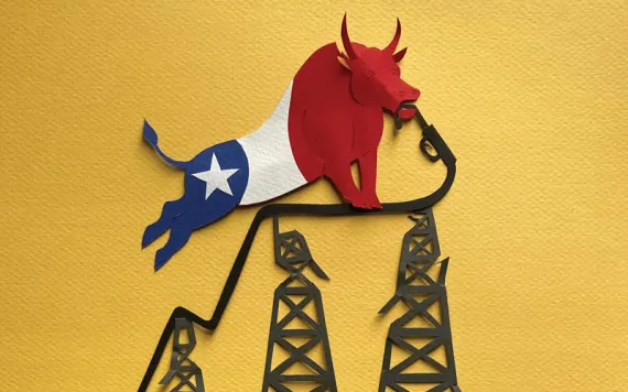 Illustration shows a bull painted with the Texas flag standing atop electrical towers holding what appears to be gasoline hose in its mouth.