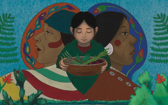 Native American girl in a purple sweater holds her hands out to a monarch butterfly.