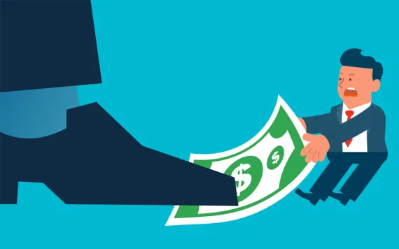 illustration of a large shoe stepping on a bill held by a small man