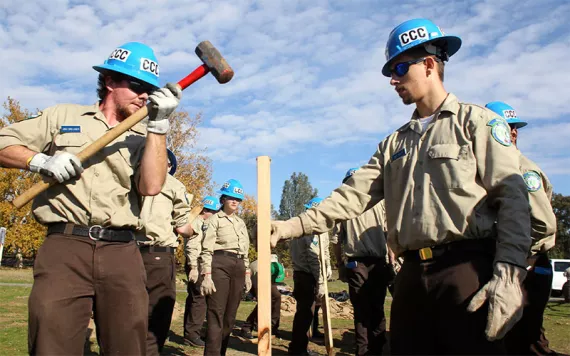 California Conservation Corps Region 1 members Josh Drollinger, left, and Coy Snow, right, work with other members of the corps Thursday, Nov. 19, 2015, at the Red Bluff Recreation Center in Red Bluff, Calif.