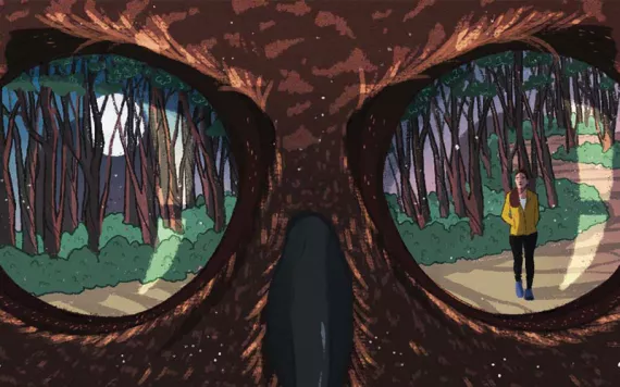 Illustration shows owl eyes with a reflection of a woman on a wooded path and a moon.