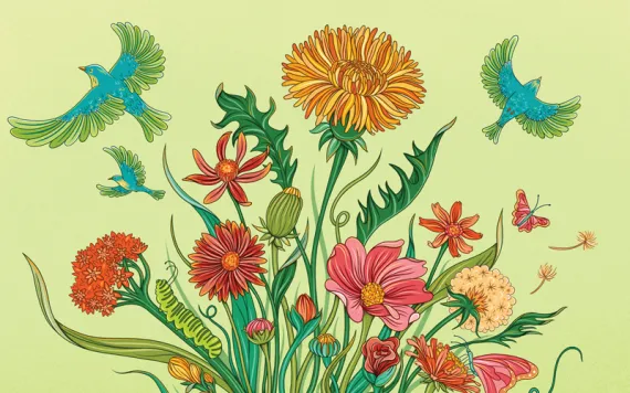 Flowers and insects and caterpillars grow up from a brown hand while two birds fly off