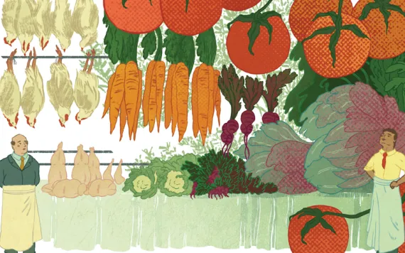 Illustration shows two men in aprons standing in front of tomatoes, carrots, radishes, and chickens hanging from rods
