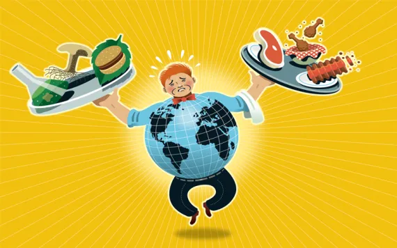 Illustration shows a man with an Earth-shaped belly sweating and holding up two plates, one with a veggie burger, a mushroom, and a beaker of liquid and the other holding a steak, chicken wings, and other meat.