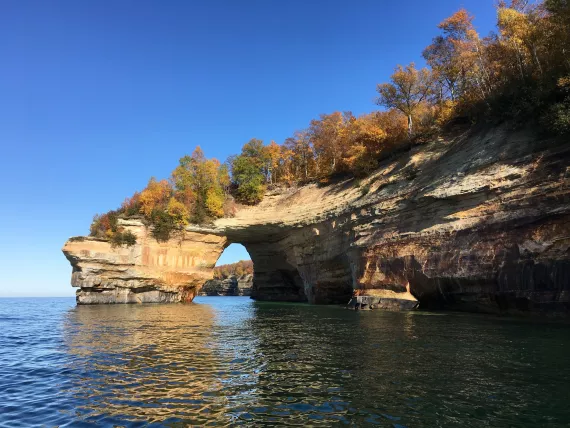 Leaves are changing colors above Lake Superior and Lovers Leap, Pictured Rocks National Seashore