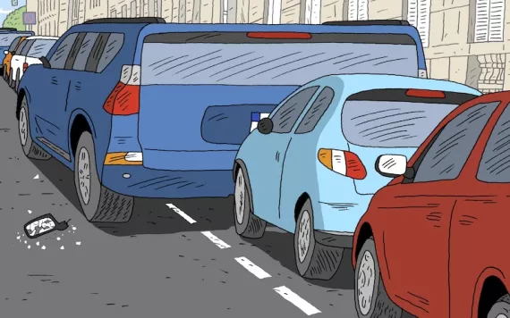 illustrations of cars in traffic and a truck with a broken side mirror