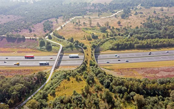 Aerial from ecoduct De Borkeld on the highway A1 in Rijssen the Netherlands 