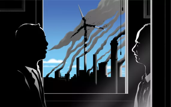 Illustration shows the profiles of two men looking out a window at smokestacks and a wind turbine