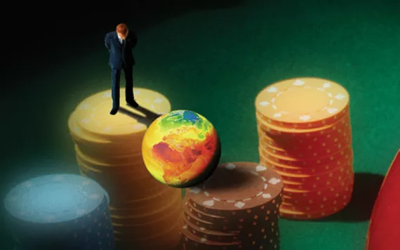 Illustration shows four stacks of chips next to a roulette wheel, with a tiny man standing atop one of the piles