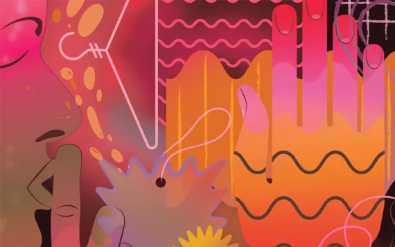 Colorful illustration shows the profile of someone with one finger up to their lips ("don't talk") and one hand held up ("stop").