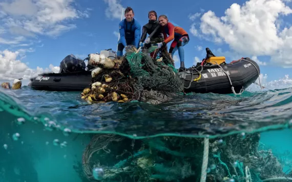 Kevin O'Brien and two others pull a huge tangled net out of the ocean into a dinghy.