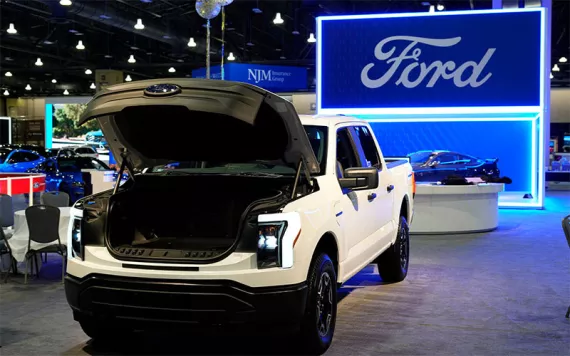 The Ford F-150 Lightning sits on display at the Philadelphia Auto Show