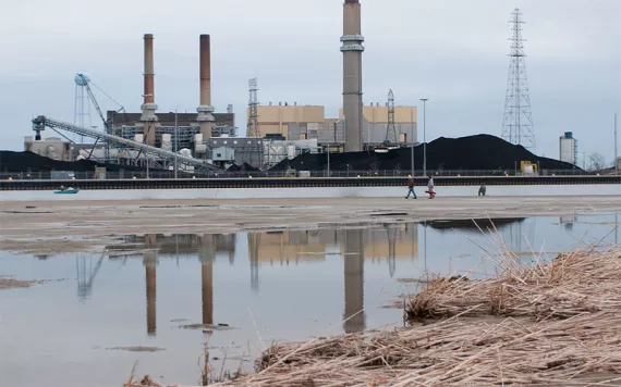 Low water level creates a wide sandbar by Bay City Yacht Club in Bangor Township, Michigan