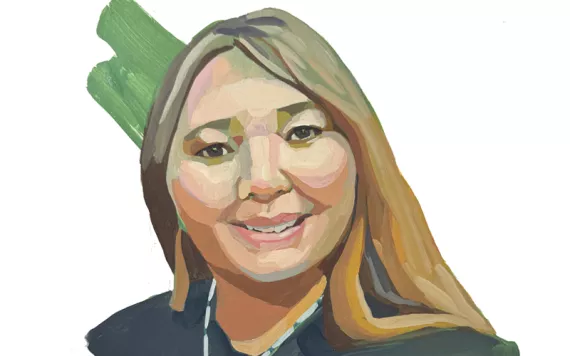 Illustrated portrait of Dawn Goodwin smiling and wearing a flower necklace