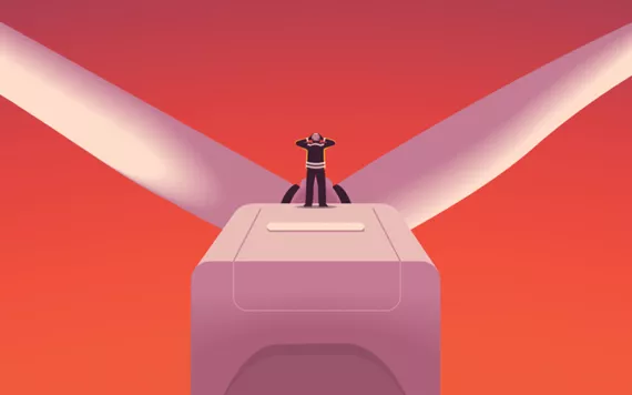 Illustration shows a person with their hands over their ears atop an offshore wind turbine, with an orange sky
