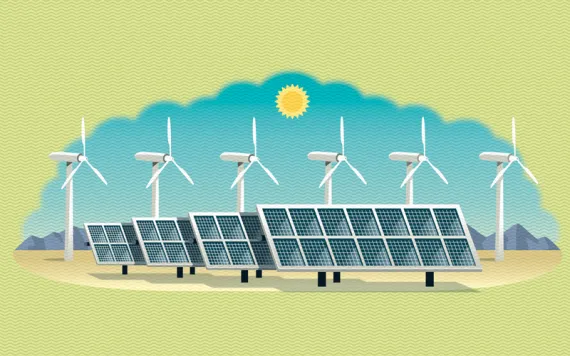 Illustration shows solar panels and wind turbines