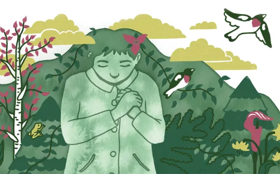 Illustration shows a woman in a coat with her hands over her heart. Her head blends into the mountain and forest behind her.