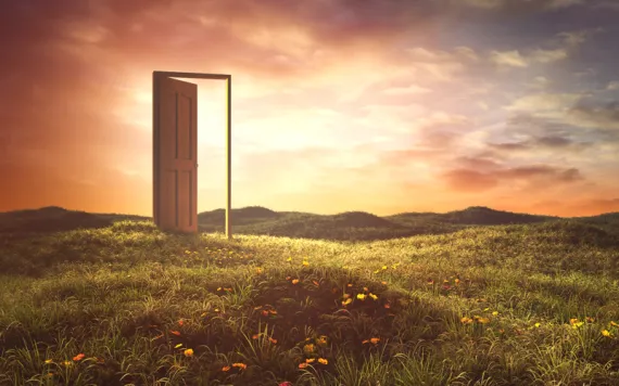  Photo illustration shows a door opened in a door frame in the middle of a field of grass and wildflowers, with an orange cloudy sky above.