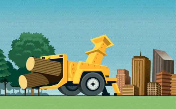  Illustration shows a forest and trees being fed into a yellow machine that spits out mass timber buildings