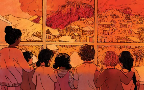 Bright-red illustration shows a teacher and six students looking out a classroom window at a wildfire burning across hills and homes. 