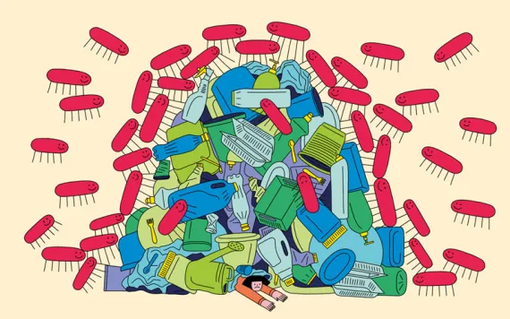 Illustration shows a giant pile of colorful plastic water bottles and other items covered with smiling red critters. A woman is stuck under the pile with her arms reaching out.