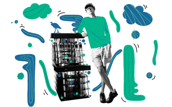 Photo illustration shows John Shell leaning on an artificial reef.