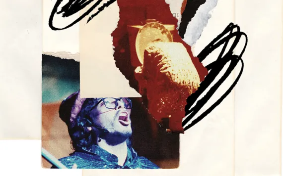 Photo-illustration shows four members of a choir wearing hard hats and two other actors in The Watershed Rock Opera.