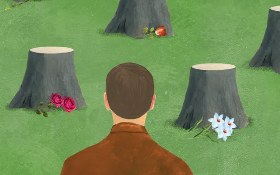 Illustration shows the back of a man looking out at a field of tree stumps with flowers at their bases